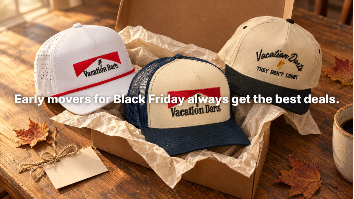 Vacation Darts hats packed in a kraft gift box for Black Friday