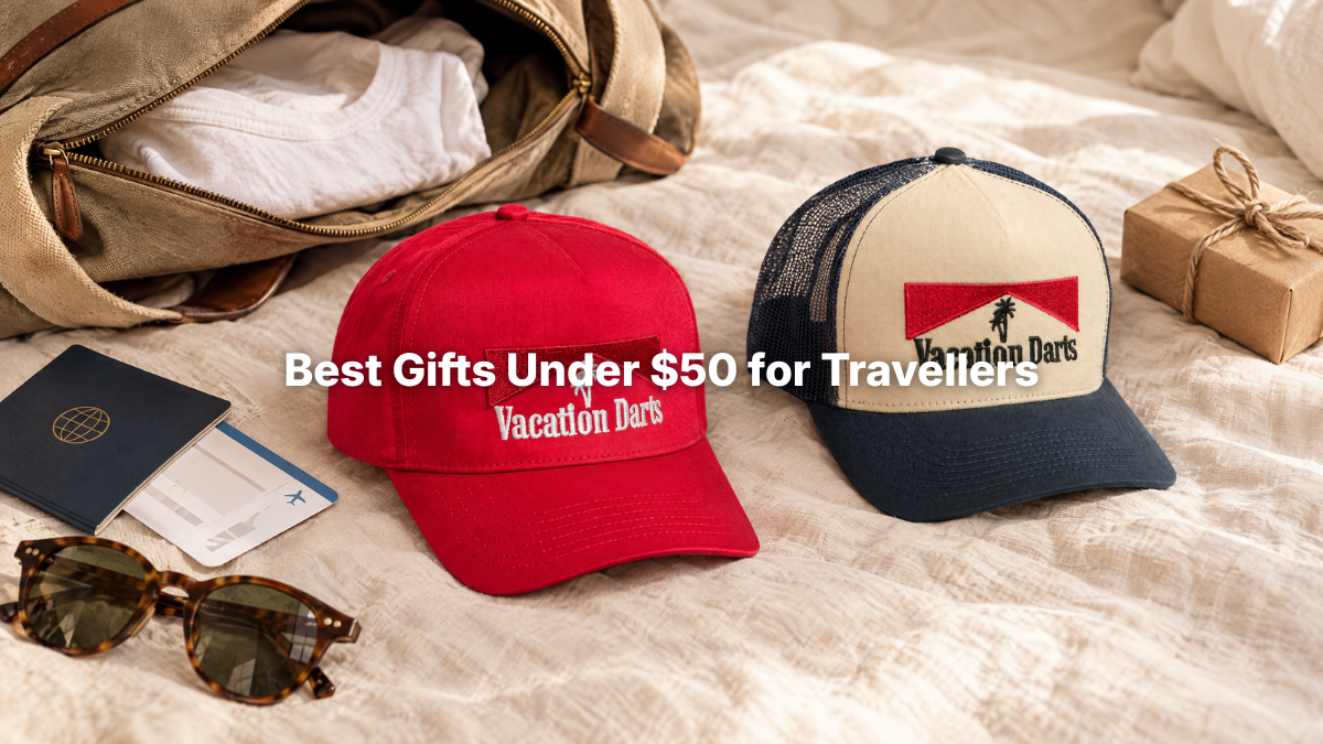 Vacation Darts hats packed in a weekender bag as a travel gift