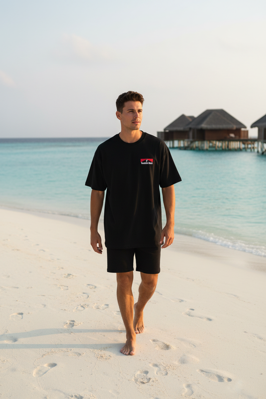 Male model on white sand beach