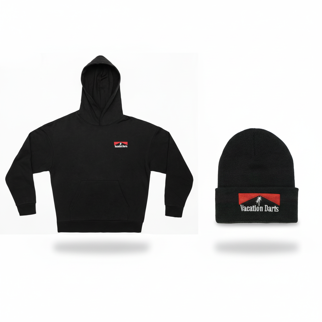 Vacation Darts Black Hoodie and Beanie Composition