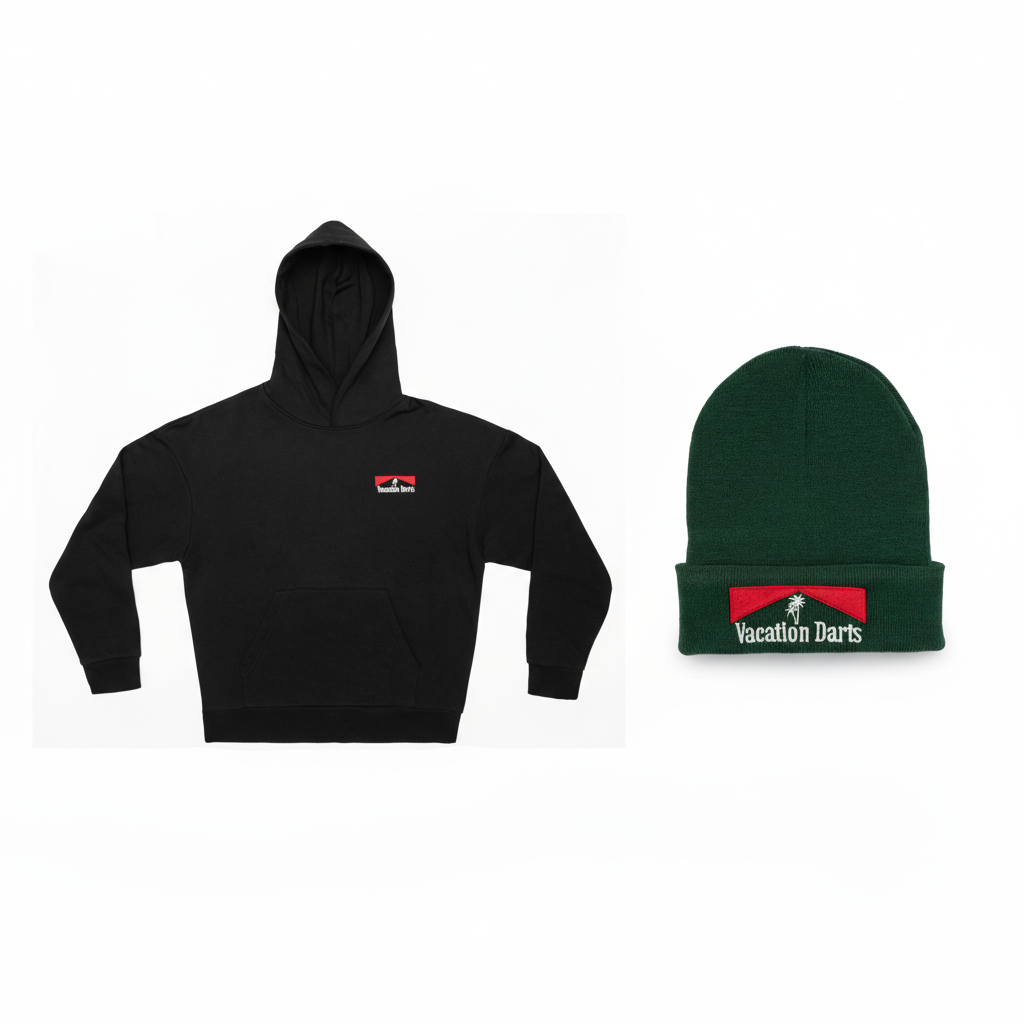 Vacation Darts Black Hoodie and Green Beanie Composition