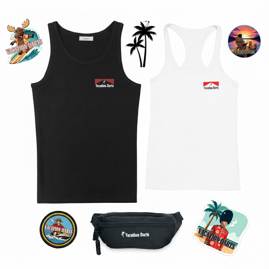 Vacation Darts Couples Getaway with Aeropuerto Stickers Flat Lay