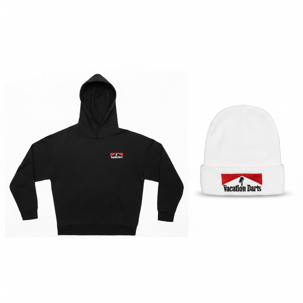 Vacation Darts Hoodie and Beanie Composition