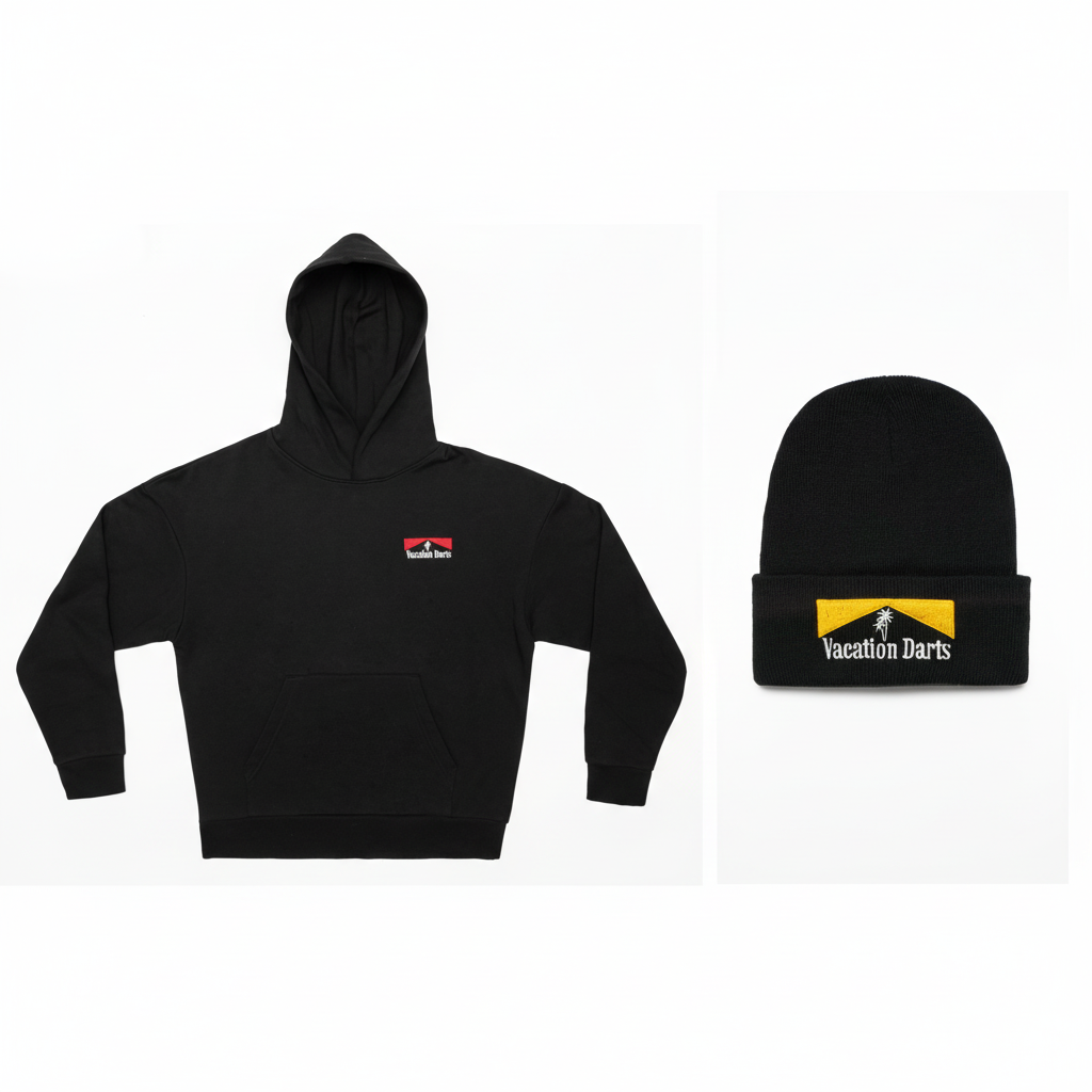 Vacation Darts Hoodie and Black Beanie Composition
