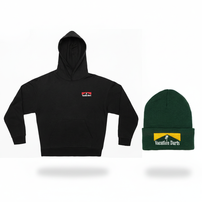 Vacation Darts Hoodie and Green/Yellow Beanie Composition