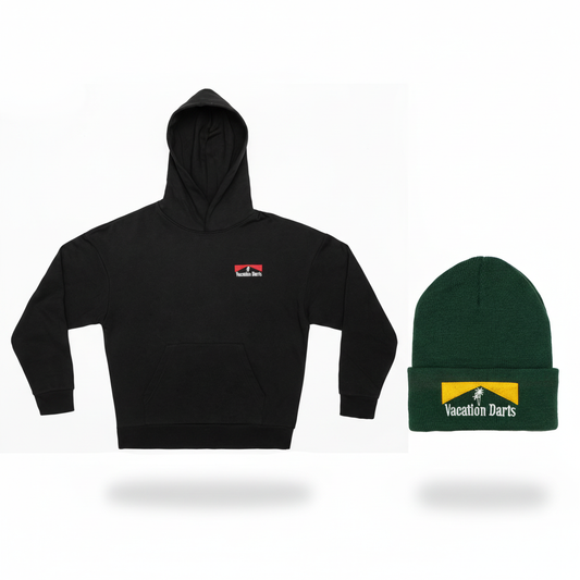 Vacation Darts Hoodie and Green/Yellow Beanie Composition