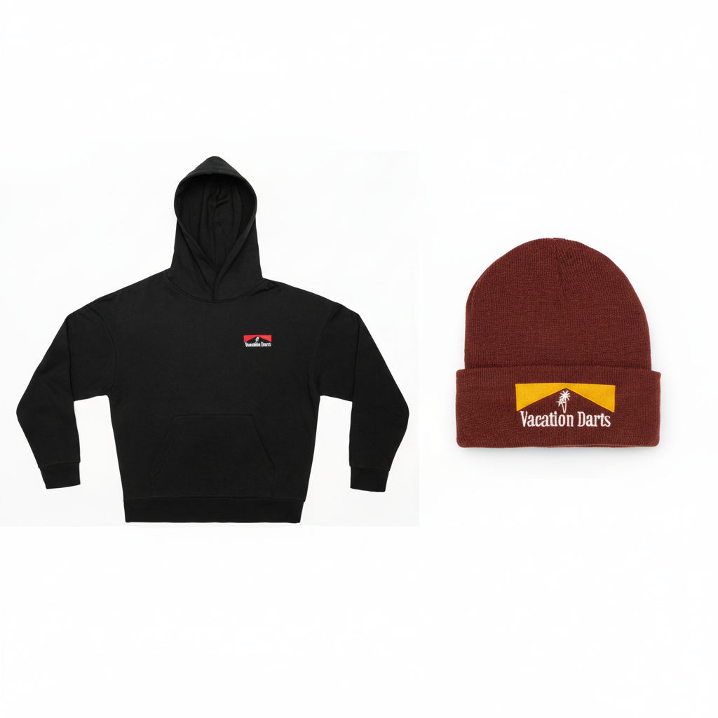 Vacation Darts Hoodie and Maroon Beanie Composition