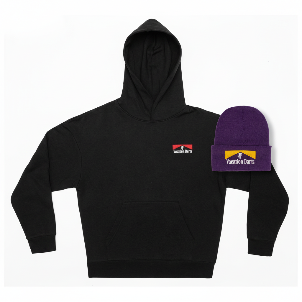 Vacation Darts Hoodie and Purple Beanie Composition