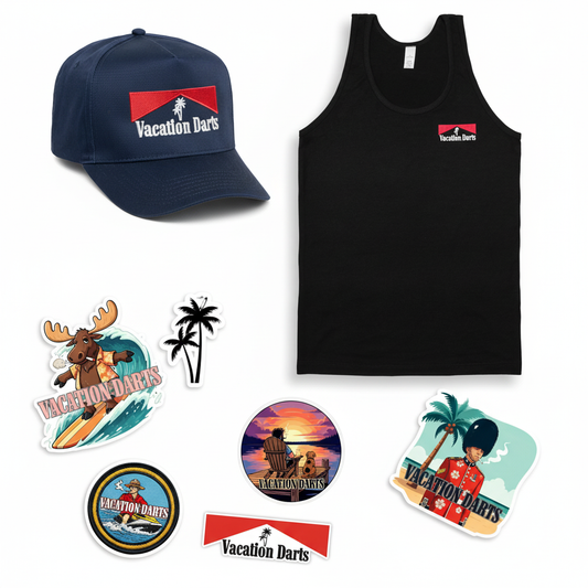 Vacation Darts Monaco Red, Bali Black, and Aeropuerto Stickers Flat Lay
