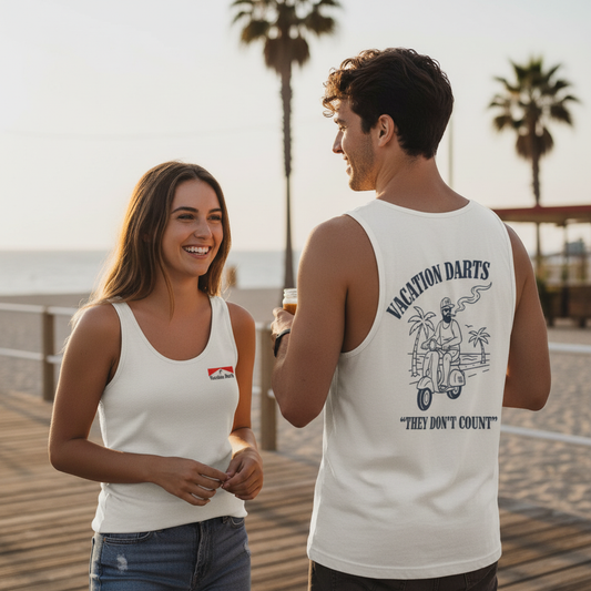 Vacation Darts White "They Don't Count" Tank Top - Front & Back Lifestyle